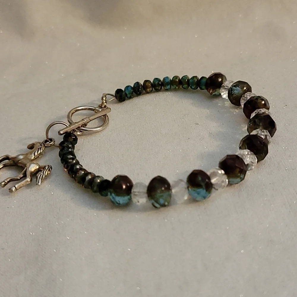 HANDMADE Czech Glass Bangle Horse Charm Toggle Rodeo Bracelet